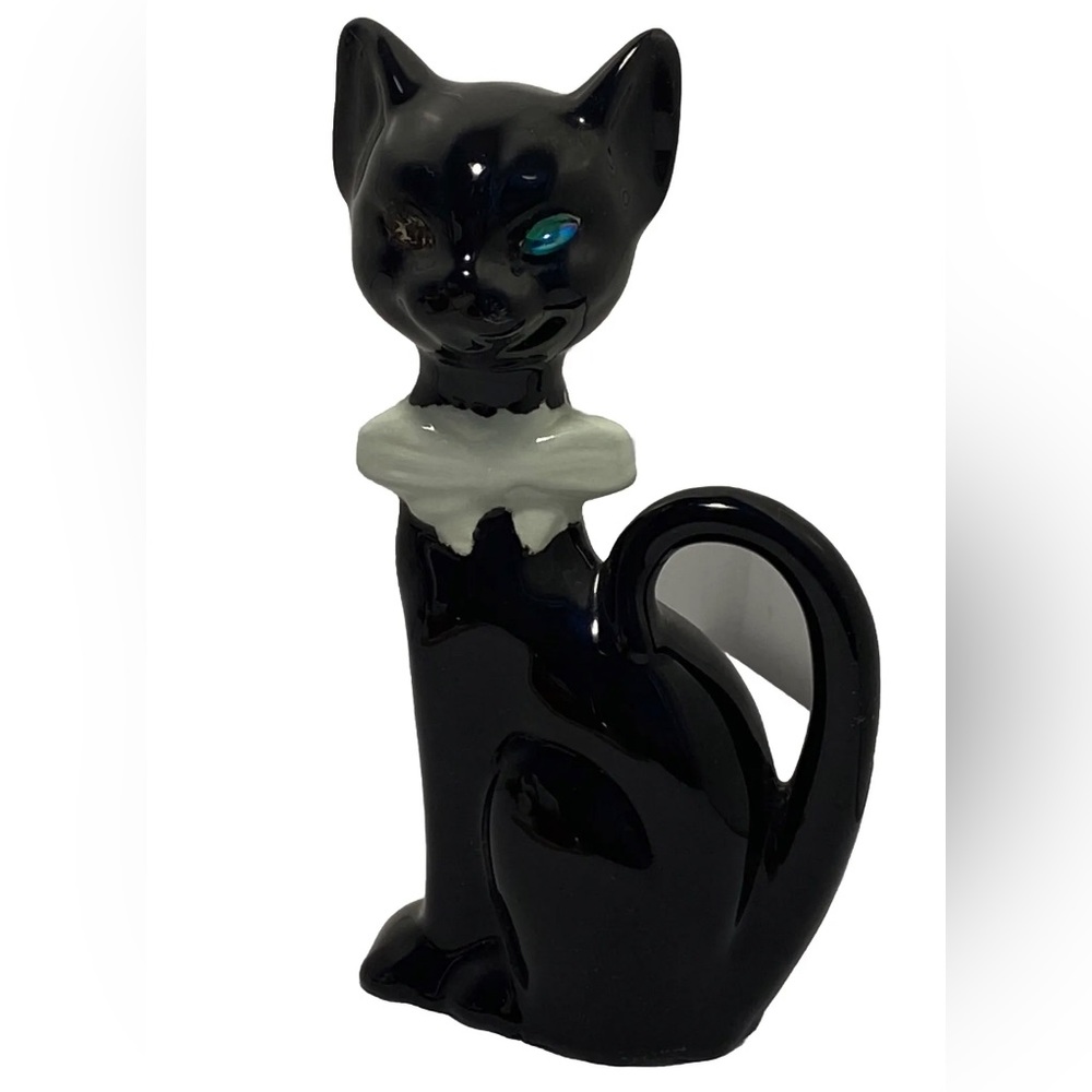 Vintage glossy Black Cat figurine MCM hand painted white bow tie tail handle